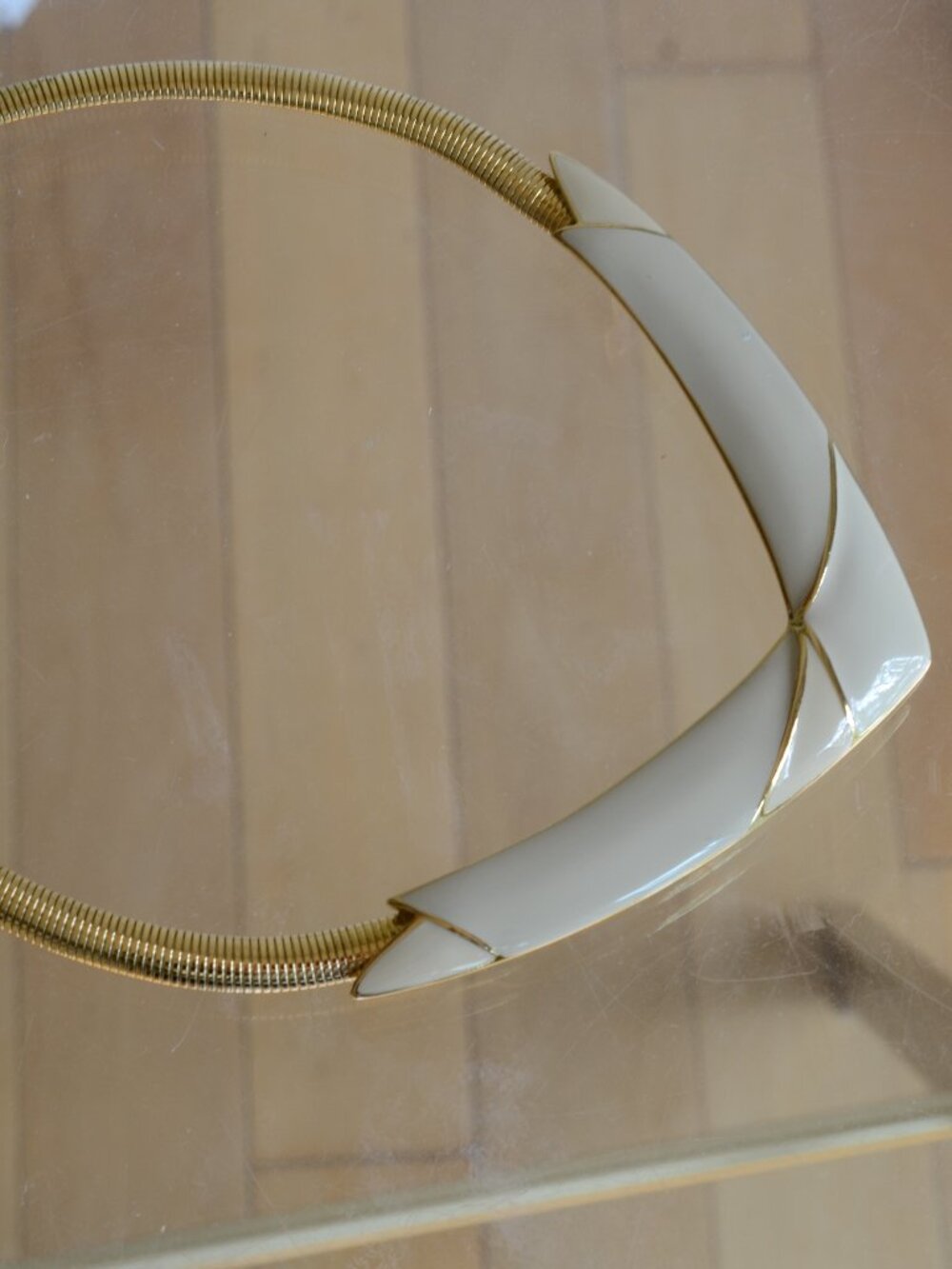 Vintage Trifari Choker Necklace, Gold Plated w/ Ivory Enamel